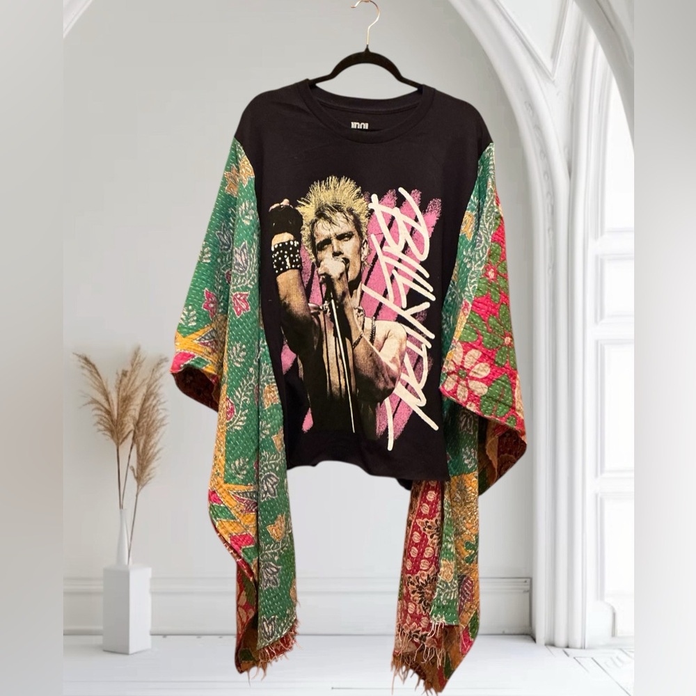 Billy Idol Black Graphic Rocker Tee with Green & pink Patchwork Kimono Overlay